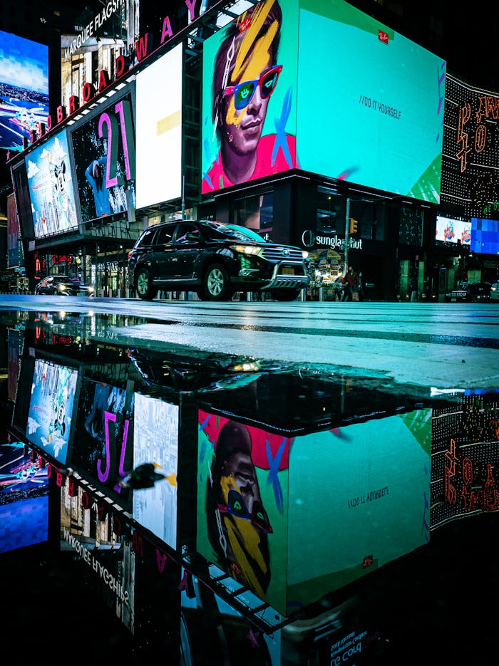 menu-02 A dynamic scene of illuminated billboards reflected in a puddle on a bustling city street at night.